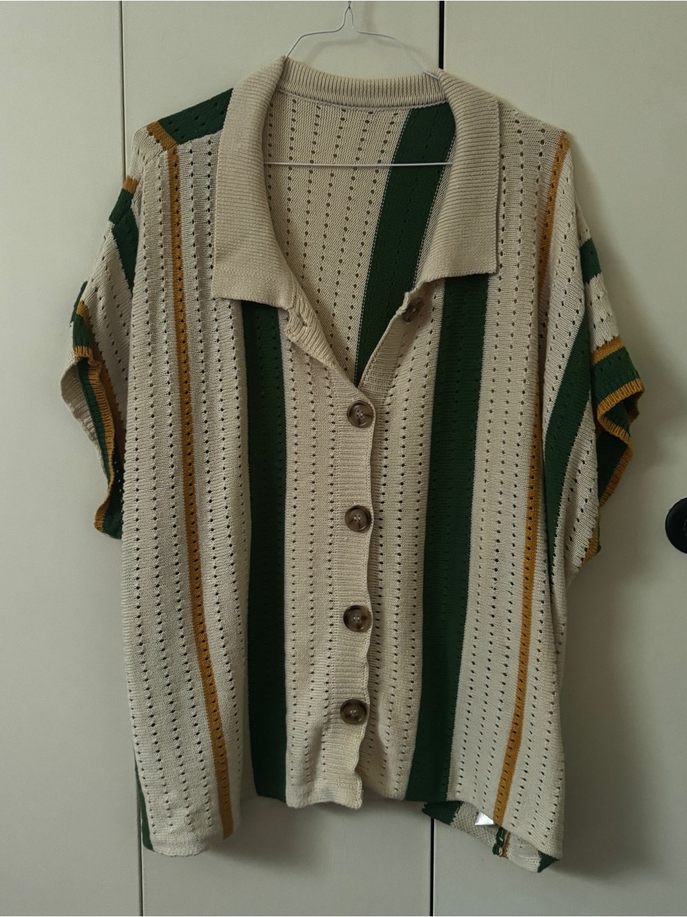 Cream Striped Knit Button-Front Top